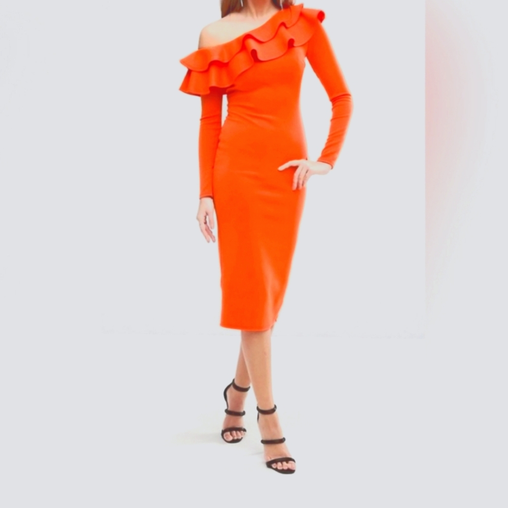 NWT ORANGE ASOS CLUB L LONDON ONE SHOULDER FRILL MIDI DRESS